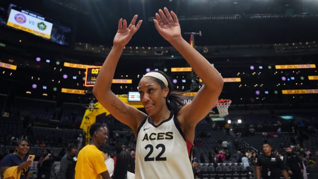 Las Vegas Aces forward A'ja Wilson celebrates after a victory.